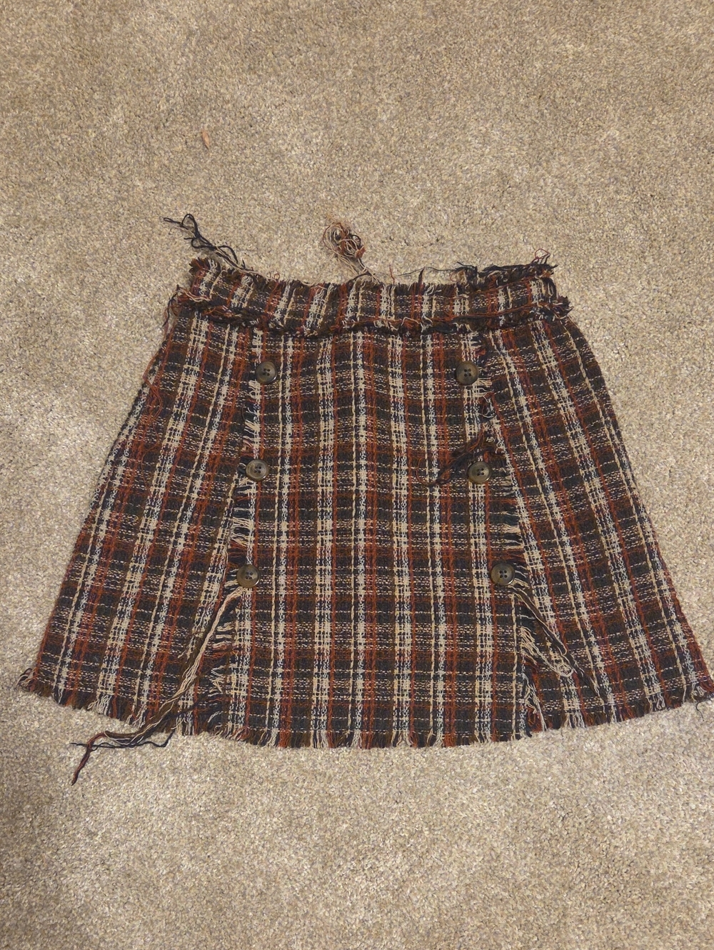 Hayden Brown Plaid Fringe Button Mini Skirt